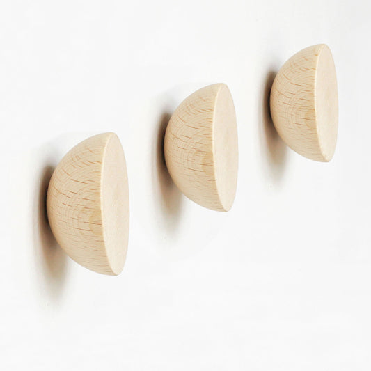 Round Beech Wood Coat Hook/Knob - Set of 3